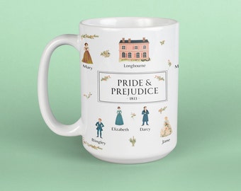 Floral Pride and Prejudice Mug for Coffee or Tea, 15oz, Gift for Jane Austen fans, classical literature lovers, cottage core