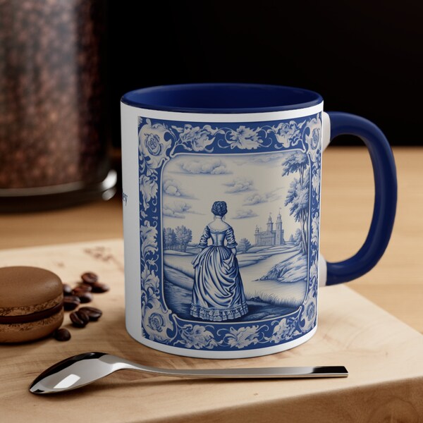 Pride and Prejudice Pemberley Porcelain Delft Tile Inspired Coffee Mug, 11oz