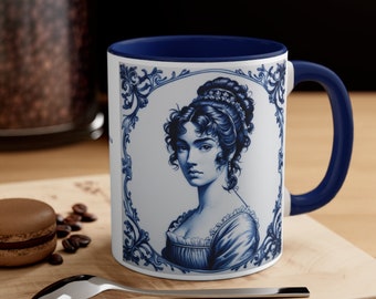 Pride and Prejudice Elizabeth My Courage Rises Porcelain Delft Tile Inspired Coffee Mug, 11oz