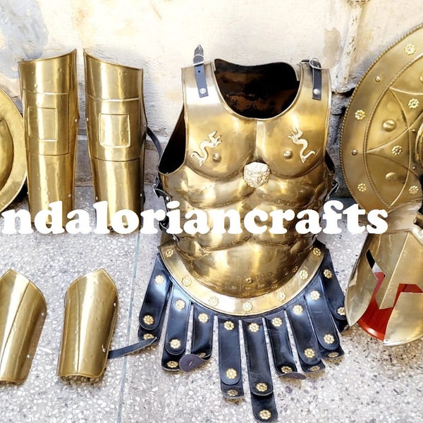 Brass Medieval Knight Roman Spartan Suit of Armor Muscle Set With Shield Helmet Arm Guard Leg Guard Halloween Costume