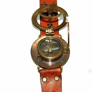 Antique Brass Sundial Compass Wrist Watch Leather Band Collectible Christmas Day Gift image 3