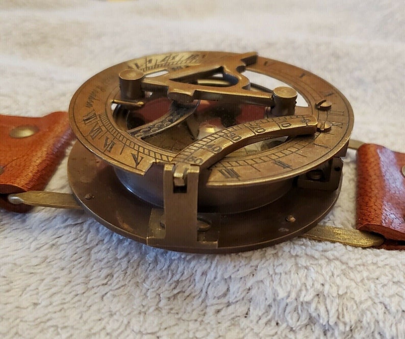 Antique Brass Sundial Compass Wrist Watch Leather Band Collectible Christmas Day Gift image 8