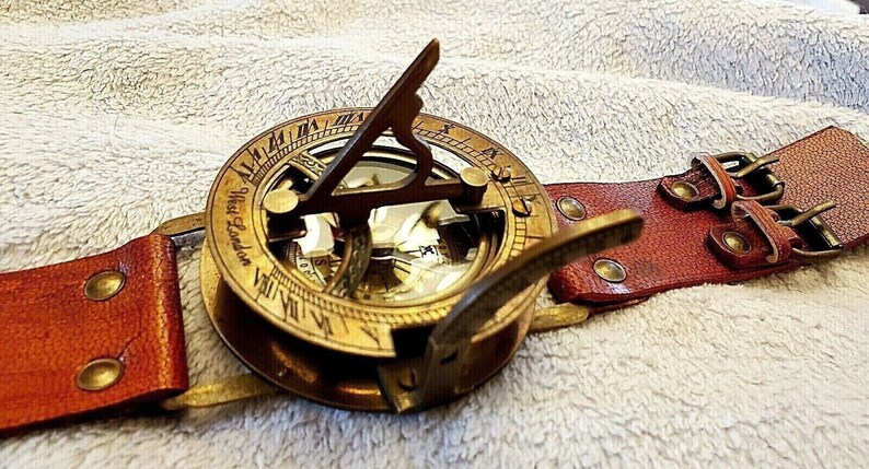 Antique Brass Sundial Compass Wrist Watch Leather Band Collectible Christmas Day Gift image 5