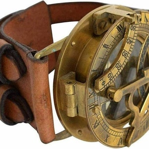Antique Brass Sundial Compass Wrist Watch Leather Band Collectible Christmas Day Gift image 2