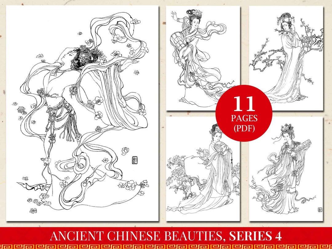 Traditional Chinese Women Coloring Pages Series 4 Adult - Etsy