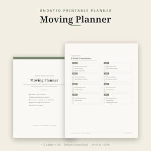 May include: An undated printable moving planner with a white background and dark green accents. The document features an 8-week countdown checklist with boxes for tasks like decluttering, packing, and utility transfers, organised in a clean layout.