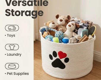 Paw Print Cotton Rope Storage Basket, Pet Toy Organizer, Neutral Home Decor, Dog Lover Gift, Woven Bin for Living Room & Nursery
