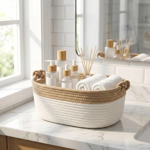 Bathroom Organizer Basket, Cotton Rope Storage Bin with Handles, Countertop Basket for Toiletries Skincare & Towels