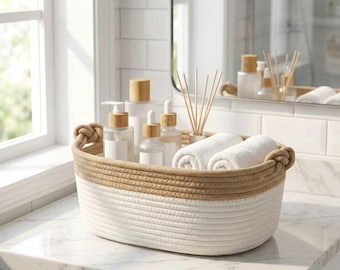 Bathroom Organizer Basket, Cotton Rope Storage Bin with Handles, Countertop Basket for Toiletries Skincare & Towels