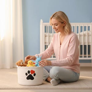 Peut inclure: Un panier en corde blanc avec une empreinte de patte noire et un cœur rouge, rempli de jouets en peluche dont un ours en peluche, un canard et un lapin bleu. Le panier est sur un tapis de couleur claire.