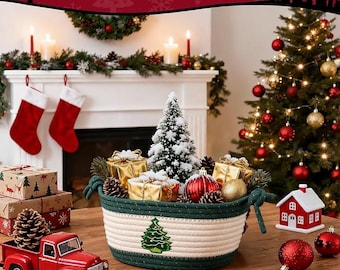 Christmas storage basket - Cotton Christmas decoration with bow