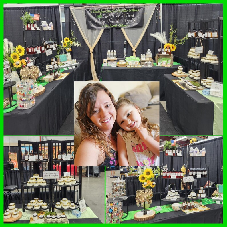 May include: A collage of images showcasing a variety of handmade products at a craft fair. The products include candles, soaps, jewelry, and other items. The image also includes a photo of a woman and a young girl.