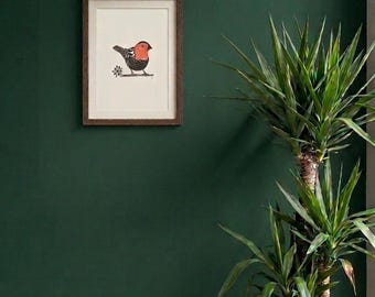 Grabado original de aves - Lámina artística en blanco y negro y rojo - Ilustración "Senegal en llamas" - Decoración poética de aves para pared - Tamaño A4