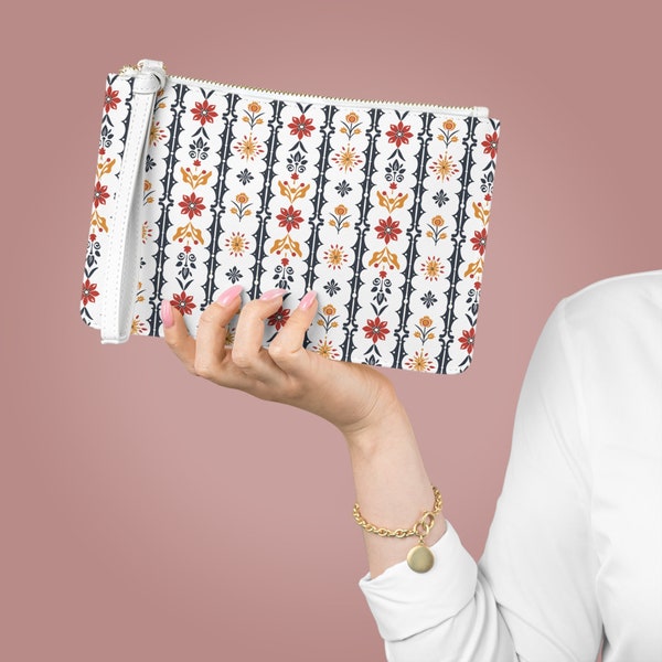 Floral Clutch Bag, White Clutch Evening Bag, Floral Handbag, Dressy Clutch Purse, Floral Pochette Bag, Vibrant Wristlet Bag, Fashion Purse