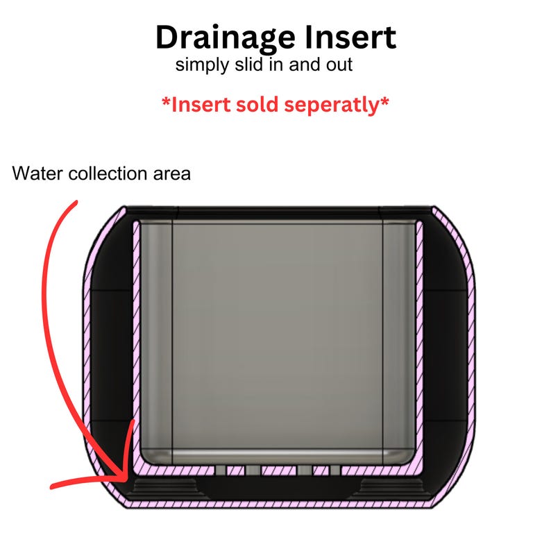 Może przedstawiać: Schemat wkładu drenażowego z tekstem "Drainage Insert" i "simply slid in and out". Obraz przedstawia przekr&oacute;j wkładu, podkreślając obszar zbierania wody. Widoczny jest r&oacute;wnież tekst "*Insert sold seperatly*".