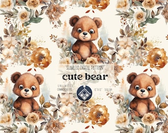 Cute Bear seamless pattern Unlimited Commercial Use digital print file instant download Sublimation POD watercolor floral gender neutral PNG