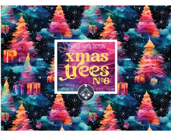 Può includere: Motivo digitale senza cuciture con alberi di Natale ad acquerello colorati con regali su uno sfondo blu scuro con stelle bianche. Il testo "xmas trees N°6" è al centro dell'immagine.