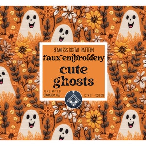 Ghosts Halloween Faux Embroidery seamless pattern Unlimited Commercial Use instant download cute design