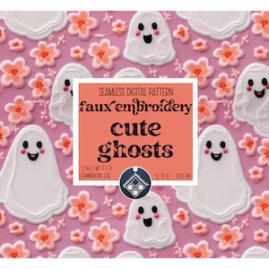 Ghosts Halloween Faux Embroidery seamless pattern Unlimited Commercial Use instant download cute design
