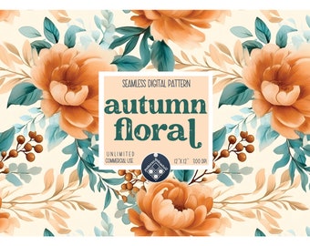 Autumn Floral seamless pattern Unlimited Commercial Use digital print file instant download Sublimation POD fall orange teal flowers