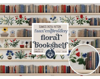 May include: A digital pattern for faux embroidery featuring a bookshelf with floral accents. The pattern is 12 inches by 12 inches and 300 DPI. It is a seamless pattern for unlimited commercial use.