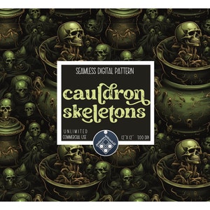 May include: A seamless digital pattern featuring a cauldron filled with skulls and bones. The pattern is green and gold and has a spooky, Halloween theme. The text "cauldron skeletons" is written in a stylized font.
