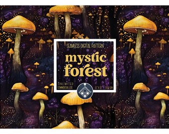 May include: A seamless digital pattern featuring a mystical forest with glowing yellow mushrooms on a dark purple and black background. The text "mystic forest" is in a yellow font on a white background.