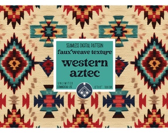 May include: A seamless digital pattern featuring a faux weave texture in a western aztec style. The pattern is in shades of red, blue, yellow, and white on a cream background. The pattern is 12 inches by 12 inches and 300 DPI.