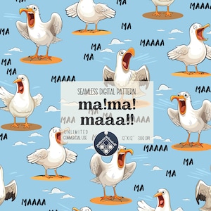 Peut inclure: Motif numérique sans couture avec des mouettes de dessin animé sur fond bleu clair. Les mouettes blanches ont des becs et des pattes oranges, avec des bouches ouvertes. Les mots "MA" et "MAAAA" sont dispersés. Le texte dit "ma!ma! maaa!!".