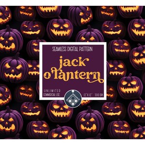 Könnte beinhalten: Ein nahtloses digitales Muster mit einem sich wiederholenden Design von Jack-o'-Lantern. Die Jack-o'-Lantern sind lila mit leuchtend orangefarbenen Augen und Mündern. Der Hintergrund ist dunkelviolett. Der Text "jack o'lantern" ist in einer gelben Vintage-Schrift geschrieben. Der Text "Seamless Digital Pattern" ist in Weiß geschrieben. Der Text "Unlimited Commercial Use" ist in Weiß geschrieben. Der Text "12"x12" 300 DPI" ist in Weiß geschrieben.