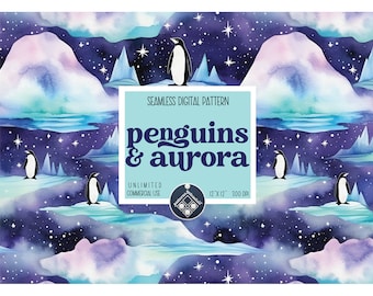 Pingüinos y aurora patrón sin costuras Uso comercial ilimitado archivo de impresión digital descarga instantánea Sublimación POD acuarela archivo de bebé