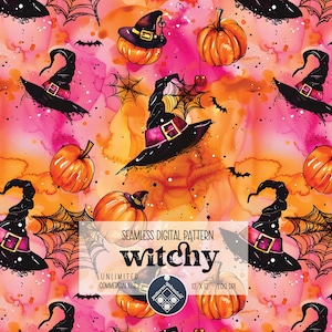 Halloween Witchy digitaal naadloos patroon onbeperkt commercieel gebruik digitaal printbestand direct downloadbestand voor afdrukken op stoffen pompoenen