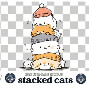 May include: A stack of five white cats wearing colorful hats and scarves. The cats are stacked on top of each other, with the top cat wearing a red hat and the bottom cat wearing a yellow scarf. The image is on a transparent background.