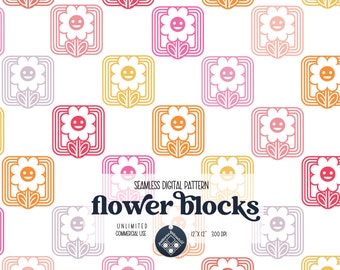 May include: A seamless digital pattern featuring colorful flower blocks with smiling faces. The pattern is 12 inches by 12 inches and 300 DPI. The text "flower blocks" is in the center of the image.