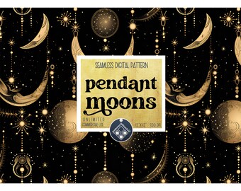 Pendant moons seamless pattern Unlimited Commercial Use digital print file instant download Sublimation POD mystical sky gold moon phases