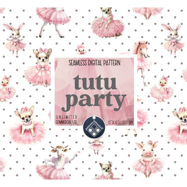 Tutu party cute seamless pattern Unlimited Commercial Use digital print file instant download Sublimation POD pink farm animals chihuahua