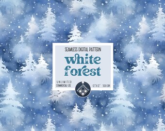 May include: Seamless digital pattern featuring a white forest with blue watercolor background. The text "White Forest" is displayed in a white box with the words "Seamless Digital Pattern" and "Unlimited Commercial Use" above the text. The text "12 x 12", "300 DPI" and a small icon are displayed below the text.