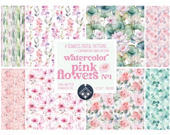 Op de afbeelding: Set van 8 digitale aquarelpatronen met roze bloemen, groene bladeren en waterlelies. De patronen zijn naadloos en kunnen worden gebruikt voor een verscheidenheid aan projecten, waaronder scrapbooking, kaartmaken en stoffenontwerp. De patronen zijn 30,5 cm bij 30,5 cm en 300 DPI.