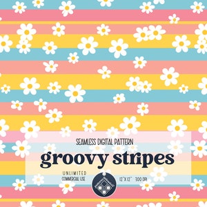 Groovy Stripes patrón sin costuras Uso comercial ilimitado archivo de impresión digital archivo de descarga instantánea para imprimir en margaritas retro de tela