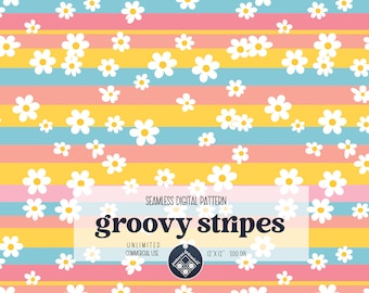 Groovy Stripes seamless pattern Unlimited Commercial Use digital print file instant download file for printing on fabric retro daisies