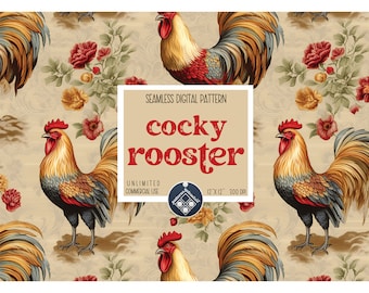 May include: Seamless digital pattern featuring a rooster with a red comb and yellow, red, and blue feathers. The pattern is set against a beige background with red and yellow flowers. The text "cocky rooster" is displayed in red and white letters. The text "Seamless Digital Pattern", "Unlimited Commercial Use", "12" x 12", and "300 DPI" is also displayed.