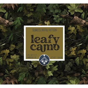 May include: Seamless digital pattern featuring a leafy camouflage design in shades of green, brown, and yellow. The pattern is 12x12 inches and 300 DPI. The text "leafy camo" is displayed in a vintage style font.