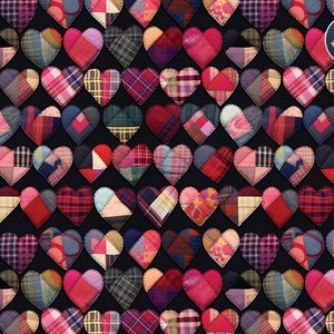 May include: A seamless pattern of patchwork hearts in various shades of red, pink, and blue on a black background. The hearts are made of different fabrics, including plaid, floral, and solid colors.