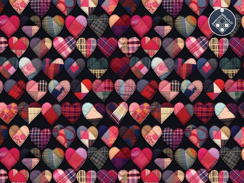 May include: A seamless pattern of patchwork hearts in various shades of red, pink, and blue on a black background. The hearts are made of different fabrics, including plaid, floral, and solid colors.