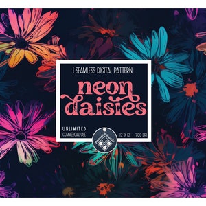 Puede incluir: Un patrón digital sin costuras con margaritas de neón en rosa, azul, naranja y amarillo sobre un fondo azul oscuro. El texto "neon daisies" está en rosa con un efecto desgastado. El patrón mide 30,5 cm por 30,5 cm y 300 DPI.