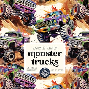 May include: A seamless digital pattern featuring colourful monster trucks with large tyres. The trucks are painted in various shades of purple, green, red, and blue, with splashes of paint on the background. The text "monster trucks" is written in a bold, stylised font.