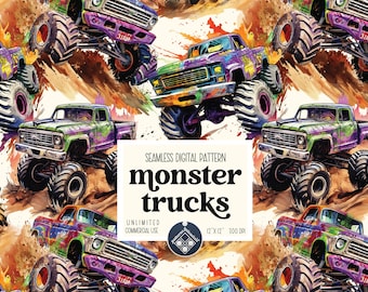 May include: A seamless digital pattern featuring colorful monster trucks with large tires. The trucks are painted in various shades of purple, green, red, and blue, with splashes of paint on the background. The text "monster trucks" is written in a bold, stylized font.