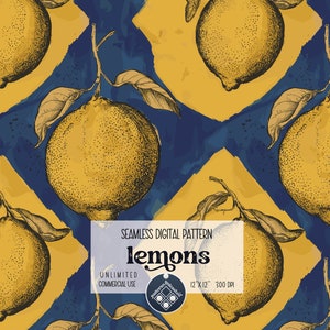 May include: A seamless digital pattern featuring yellow lemons with a watercolor effect on a blue background. The text "seamless digital pattern lemons" is in the center of the image.