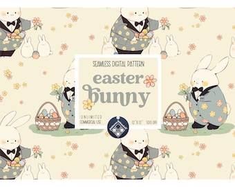 イースターバニーシームレスパターン無制限の商用利用デジタルプリントファイル即時ダウンロード昇華PODかわいいイースターエッグ