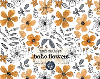 Boho floral seamless pattern Unlimited Commercial Use digital print file instant download Sublimation POD file for printing summer flowers